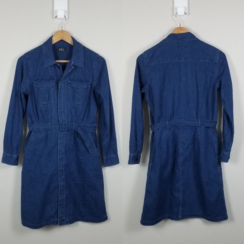 A.P.C. Indigo Chambray Denim Minimalist Cotton Knee Length Belted Shirt Dress M - Picture 8 of 13